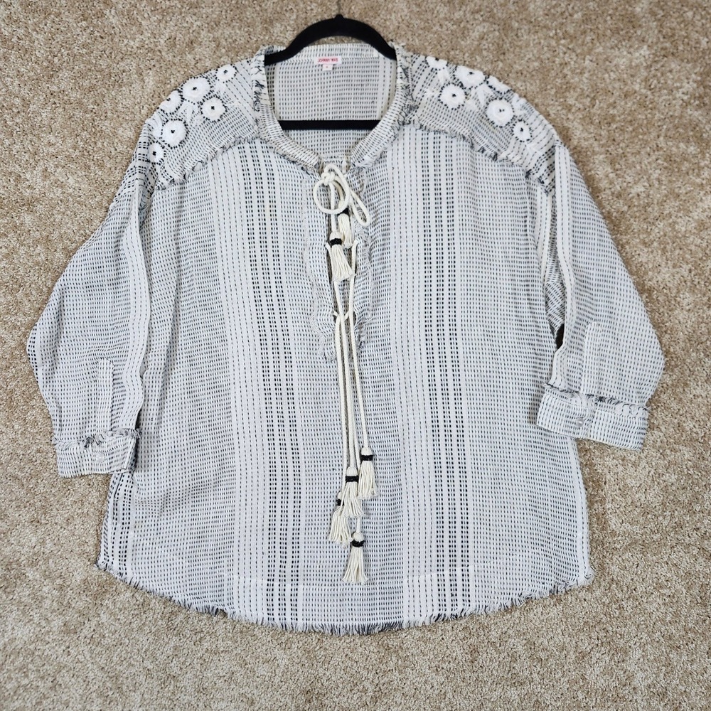 Johnny Was Tunic Top Black White Stripe Embroidered Beaded Boho Small - Picture 2 of 13